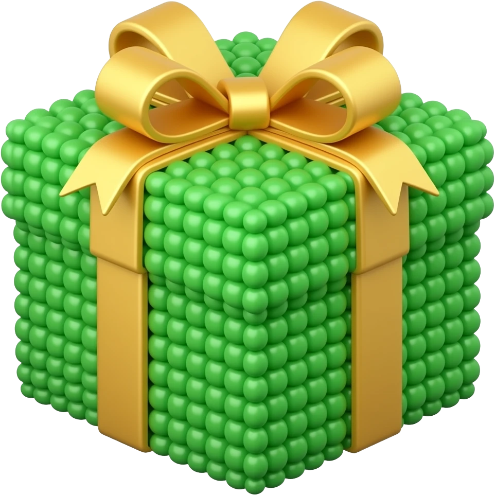 caixa de entrega verde com movimento, fita dourada e aspecto de miçanga 3d, com cantos arredondados emoji