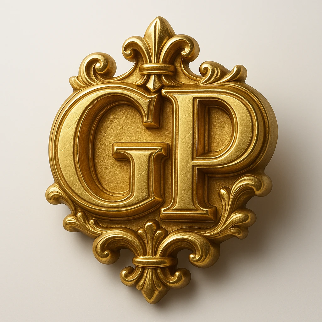 gold emblem with the text GP, classic and regal, in gold objects style emoji