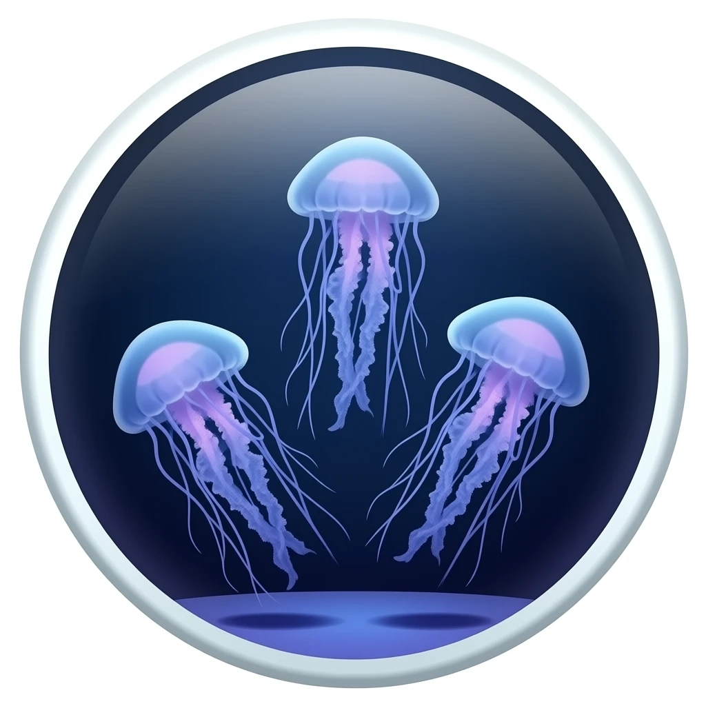Big three jellyfish in a flat round aquarium swimming blue and purple light (dark water) emoji