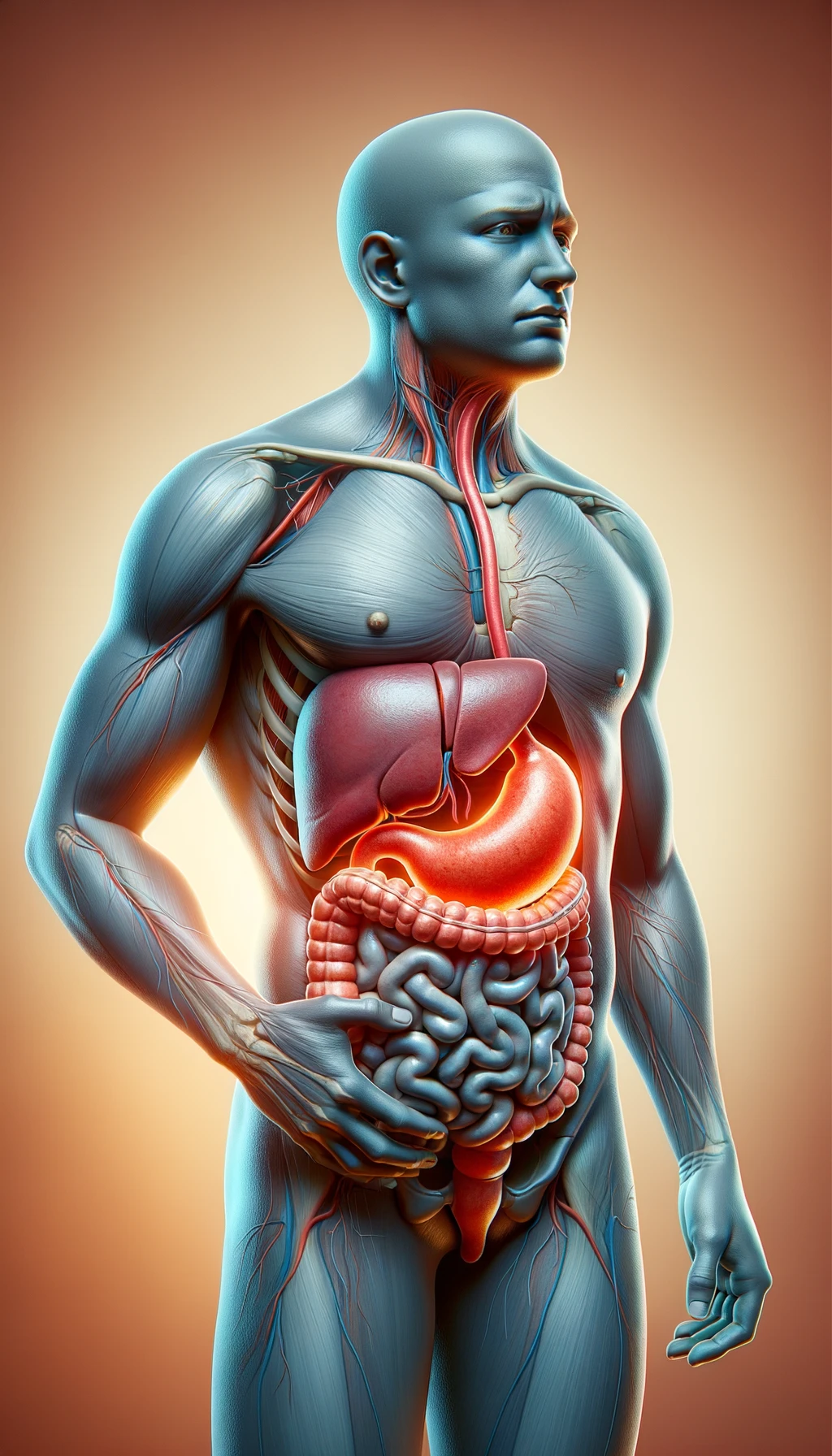 cistifellea umana anatomica realistica e intestino sono collegati nel dolore, sfondo chiaro emoji