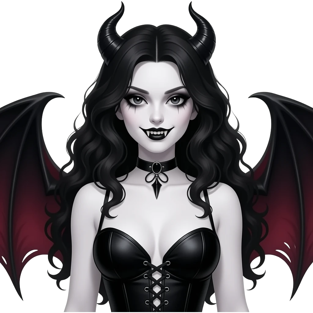 a ghotic succubus, ghotic makeup, arm wavy black hair, white skin, black corset, black eyes iris, big teeths, sedutive, dangerous woman, like a BIG WOMMAN, serious face emoji