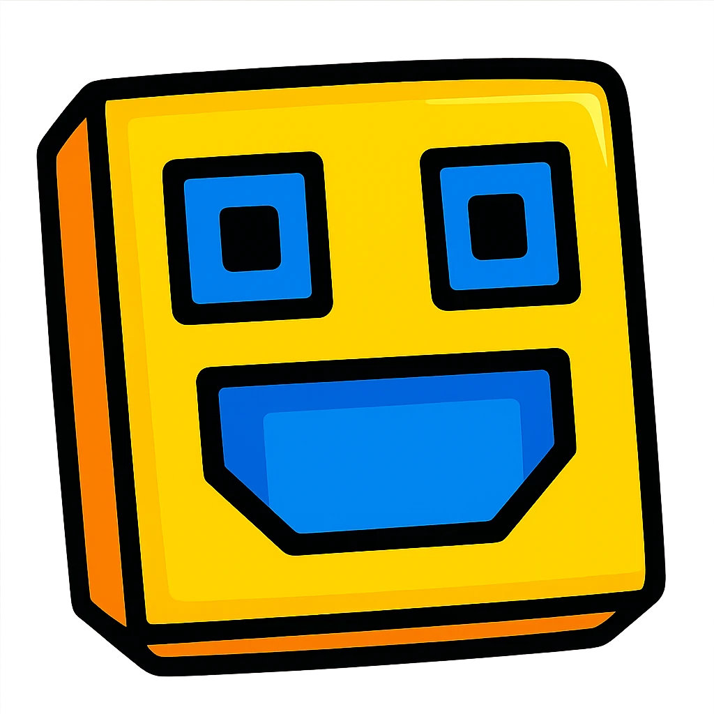 Geometry Dash inspired emoji, yellow cube with blue eyes and mouth, vibrant cartoon style emoji