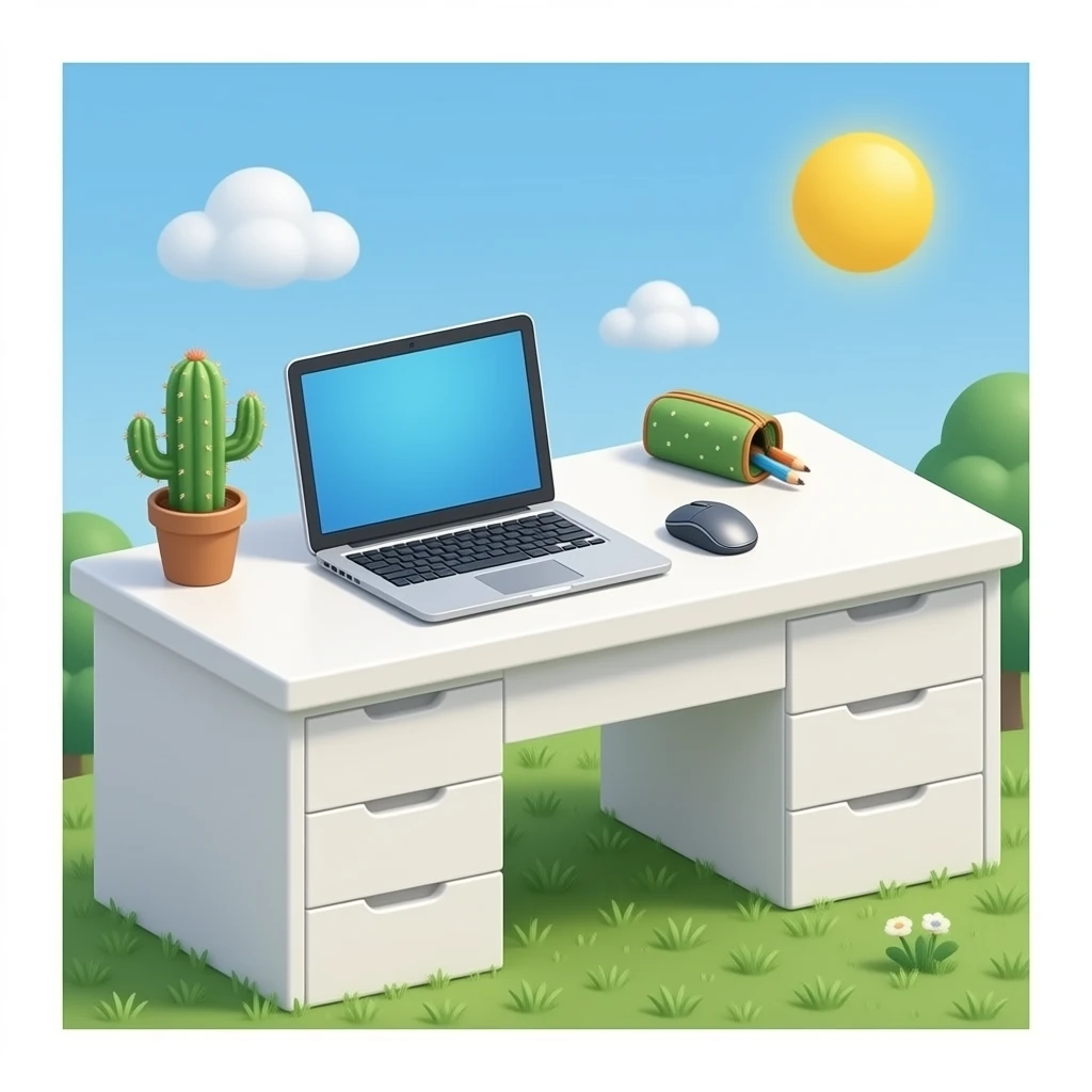 Realistic white desk with a laptop, mouse and a cactus pencil case on it. emoji