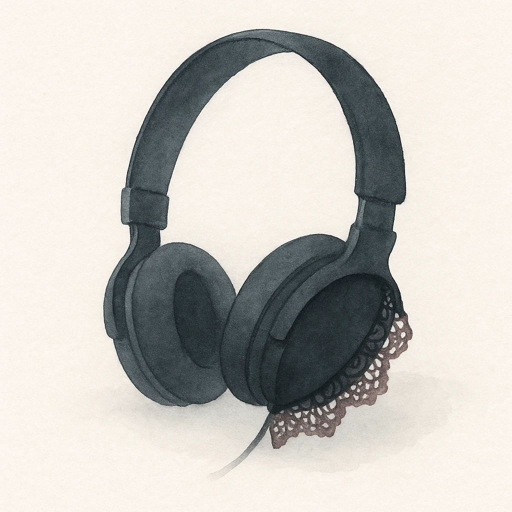 goth headphones, black with lace, watercolor art style emoji