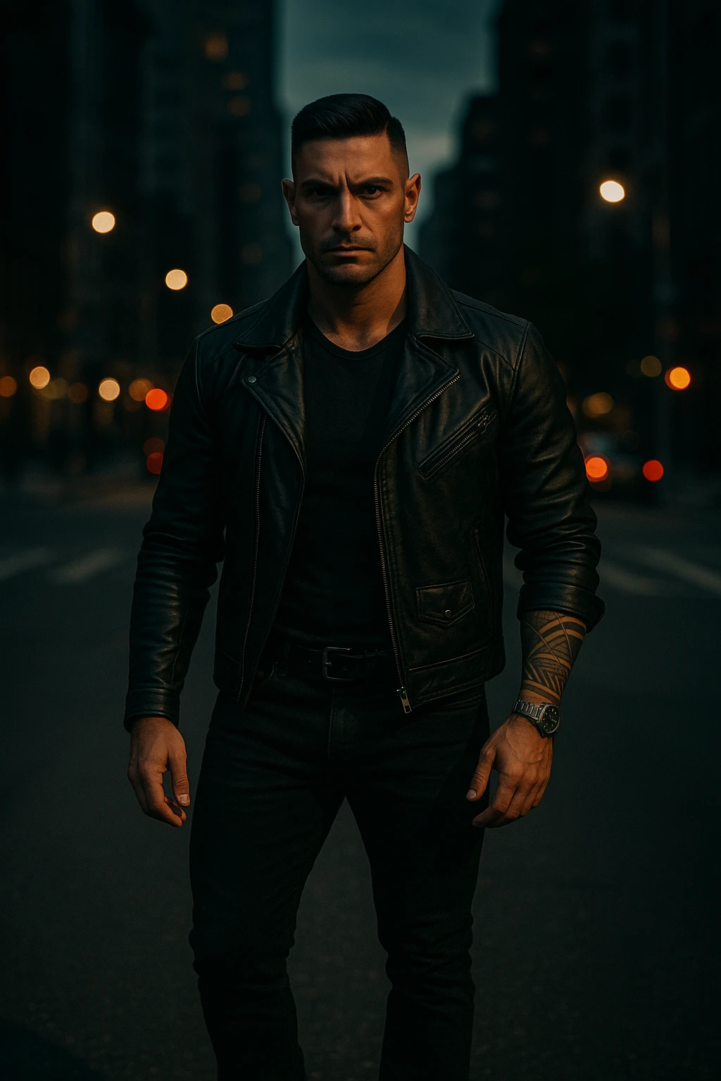 A confident, strong man standing in the middle of a city street at dusk, wearing a black leather jacket and boots, sharp jawline, intense gaze. Radiating masculine energy. Cinematic lighting, moody urban background, dramatic shadows, shallow depth of field. 35mm film style emoji