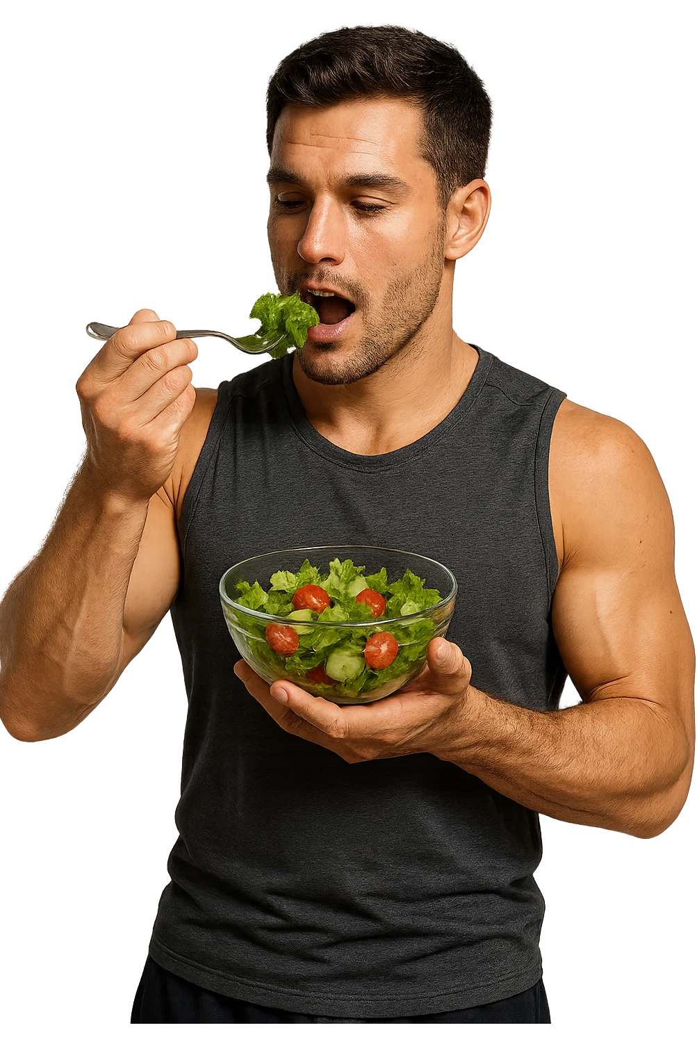 UOMO FITNESS CHE MANGIA INSALATA IN POSA FRONTALE emoji