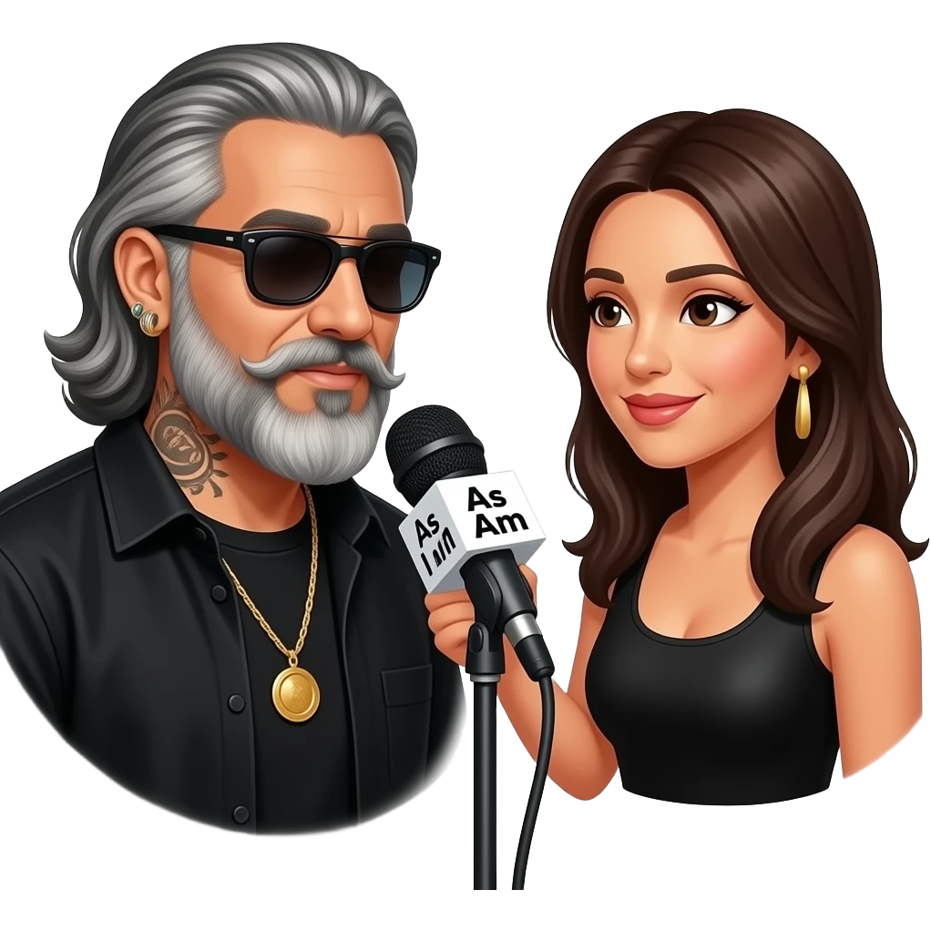 A podcast host, a handsome Latino man with medium length hair, a graying long beard, tattoos, hoops in his nose and ear,  and jewelry, all in black with sunglasses, interviews a woman in front of a microphone with a logo reading "As I Am." emoji