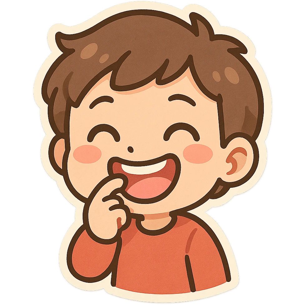 cartoon person with a big smile, biting their nail, fun and lighthearted emoji