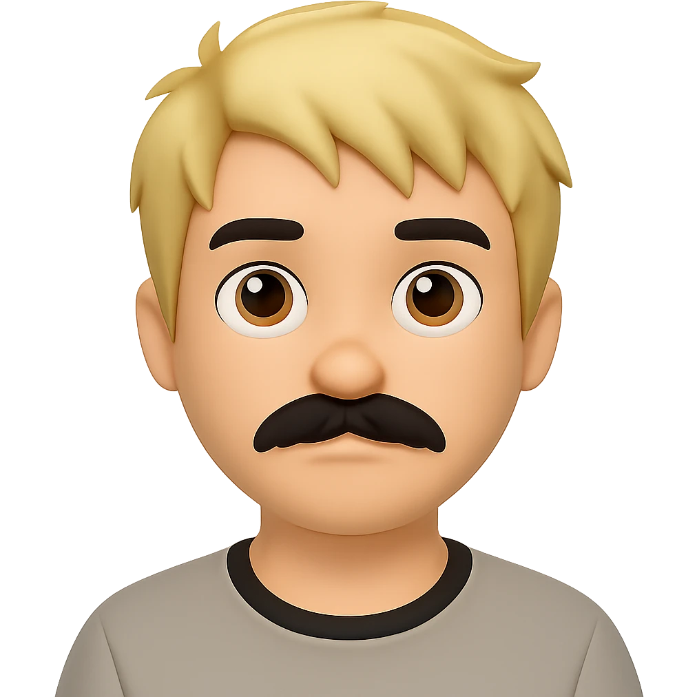 Make the mustache smaller, keep short messy blond hair, emoji style, preserve transparent background. The style should resemble apple style emojis with concise prompt focus. emoji