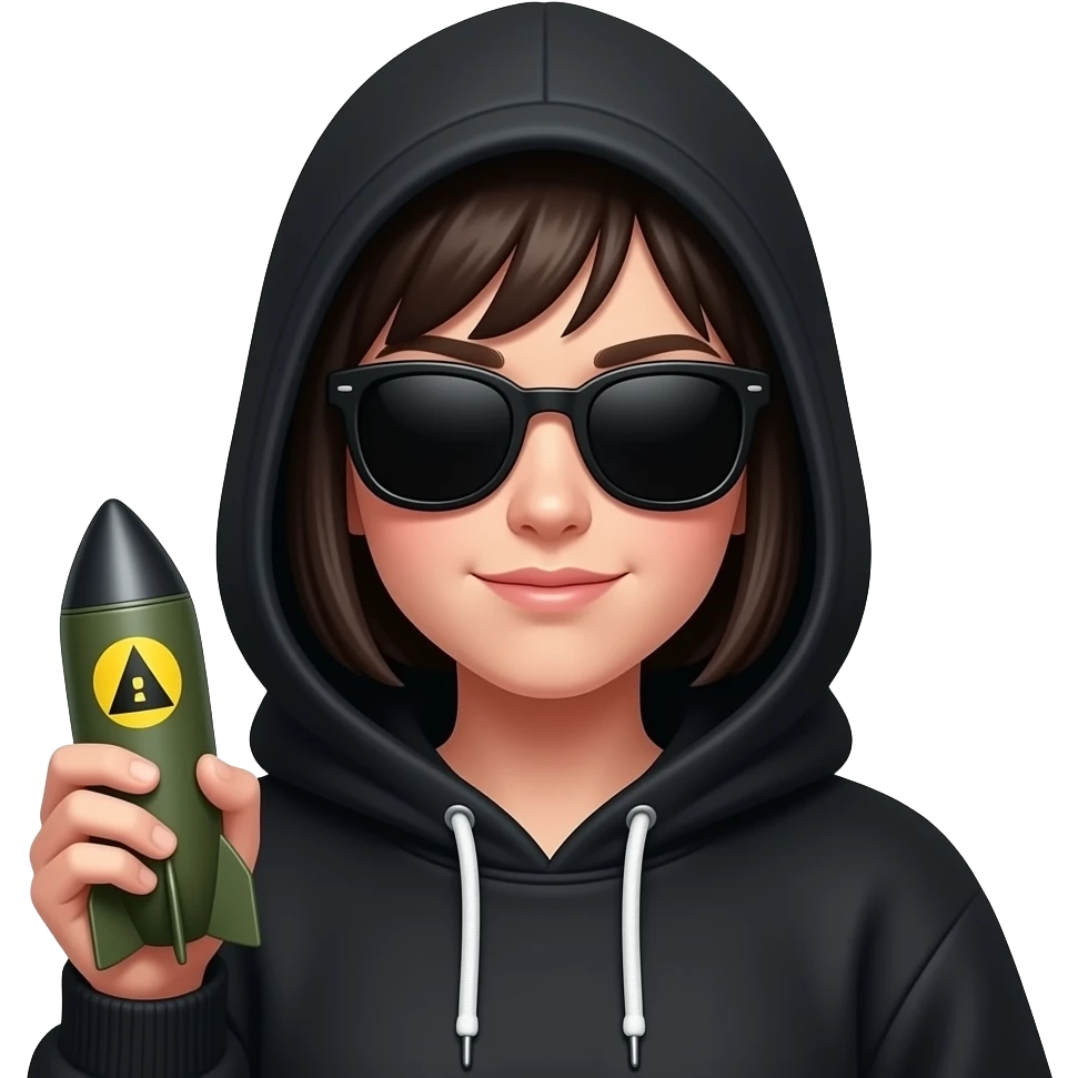 A girl wearing a Black hoodie with entire face is hidden in shadow. She’s wearing blacK sunglasses a closed mouth smirk on her face holding a nuke in one hand. One eyebrow raised emoji