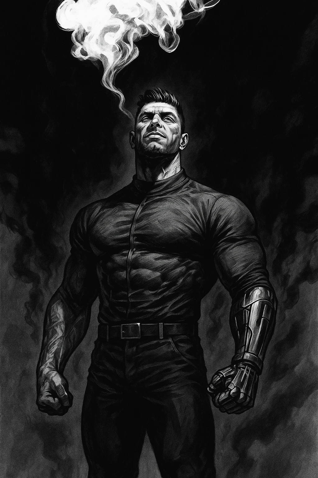Black and white comic book panel of an extremely muscular Italian man with cybernetic implants standing in the dark, surrounded by smoke. He is wearing a long-sleeved shirt with a high collar, and his chest is sculpted. emoji