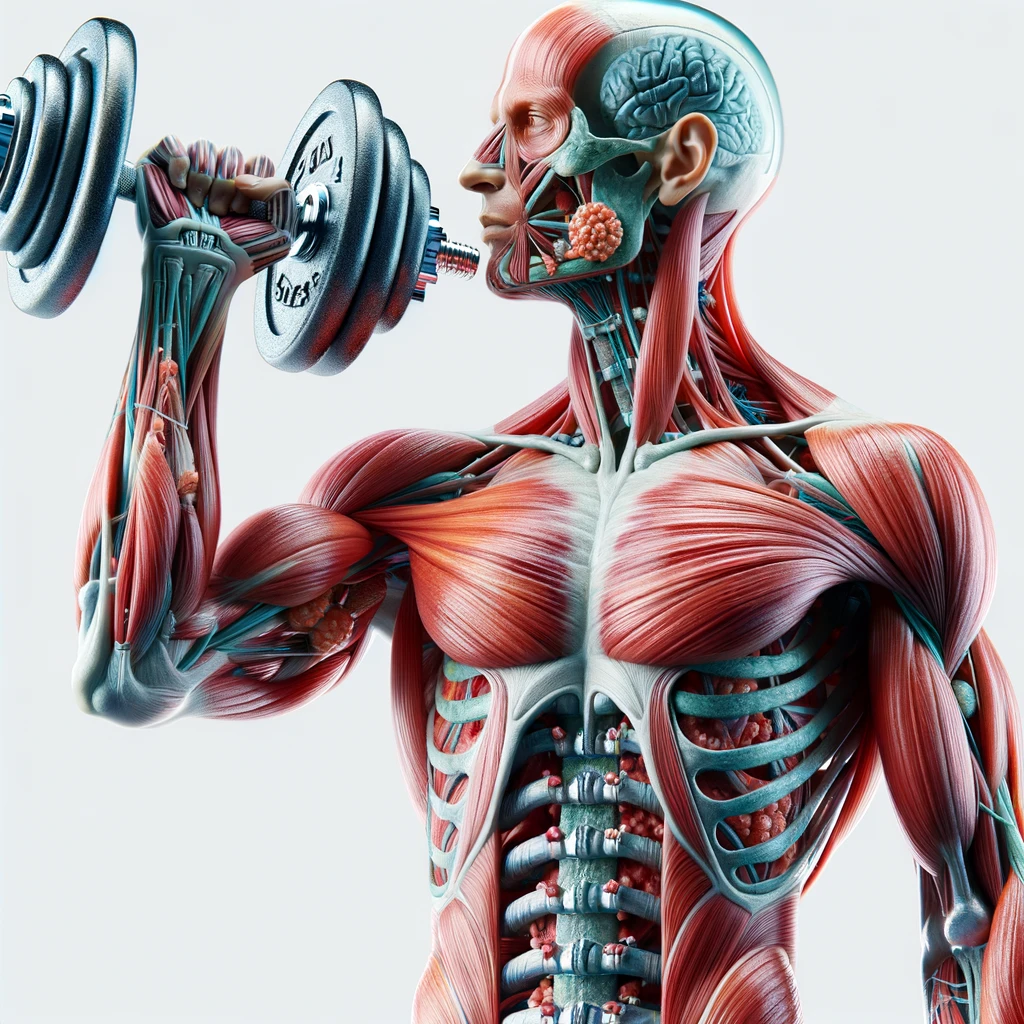corpo umano anatomico con manubri da palestra in mano, iperrealistico 4k, isolato su sfondo bianco emoji