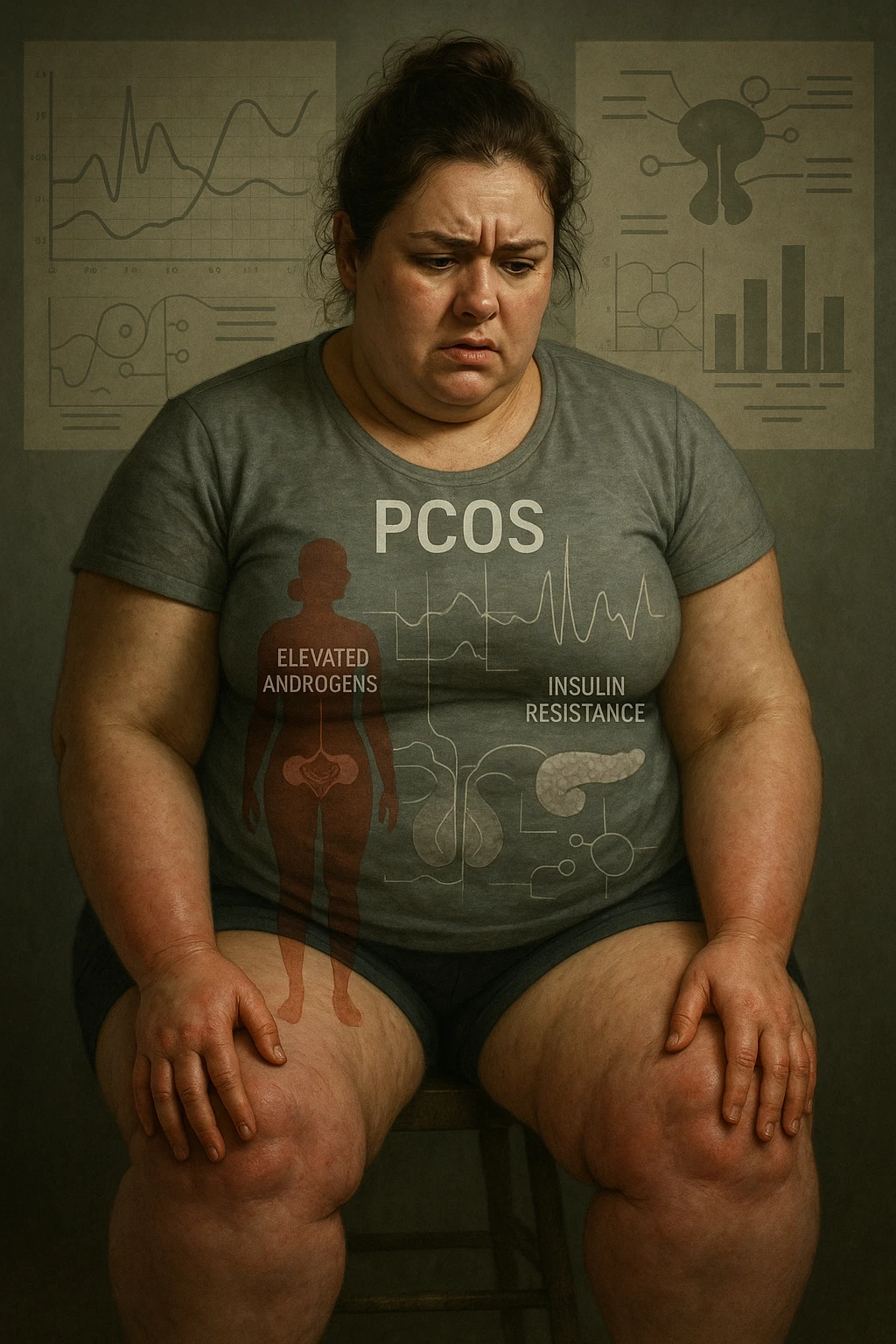 cinematic realistic in italiano Woman with PCOS struggling with hormonal chaos, transparent overlay showing elevated androgens and insulin resistance affecting her body, lipedema causing disproportionate fat accumulation in legs and arms despite normal torso, expression of frustration with unexplained weight gain, medical charts showing complex endocrine dysfunction, painful swollen limbs contrasting with metabolic confusion scrivi in italiano emoji