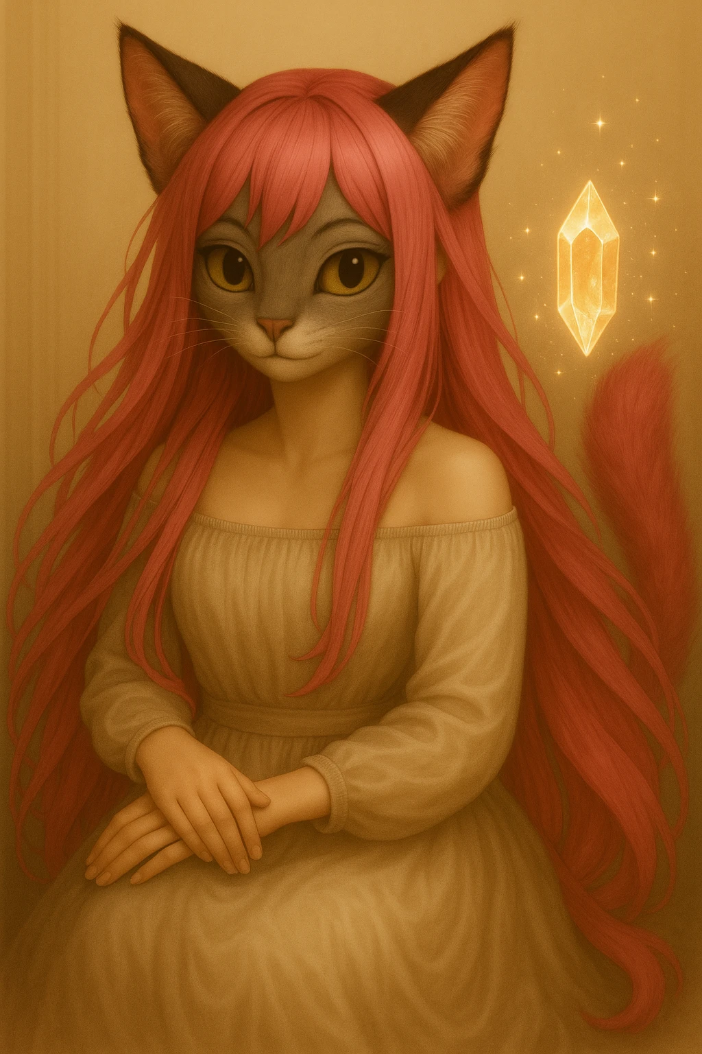Include a magical accessory like a floating crystal or spellbook with the catgirl, maintaining the realistic anime look and pink hair. emoji