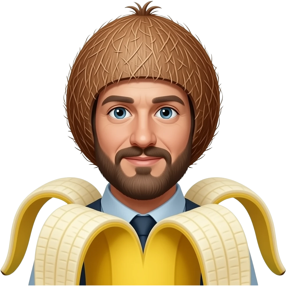 A man with a head made of a shaggy coconut and a body made of a banana - a funny hybrid of a coconut and a banana - emoji. emoji