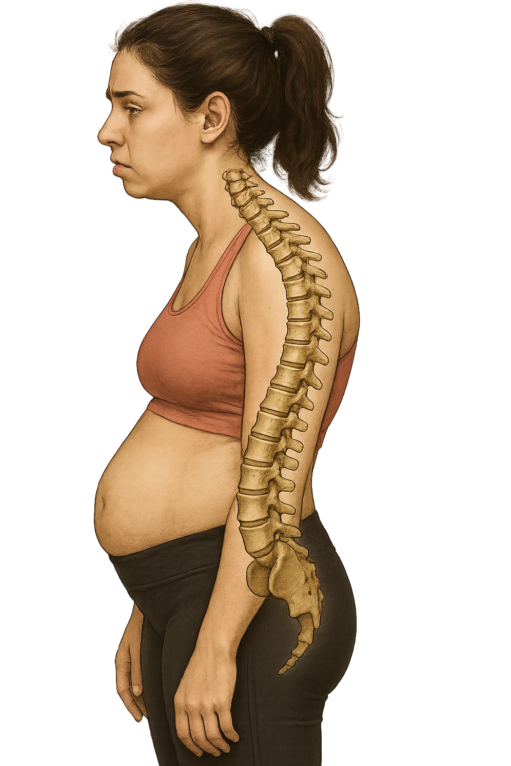 DONNA GIOVANE FITNESS DI PROFILO CON LA POSTURA SBAGLIATA, SPINA DORSALE UMANA ANATOMICA REALISTICA IN EVIDENZA, LA PANCIA IN FUORI E LE SPALLE CHIUSE emoji