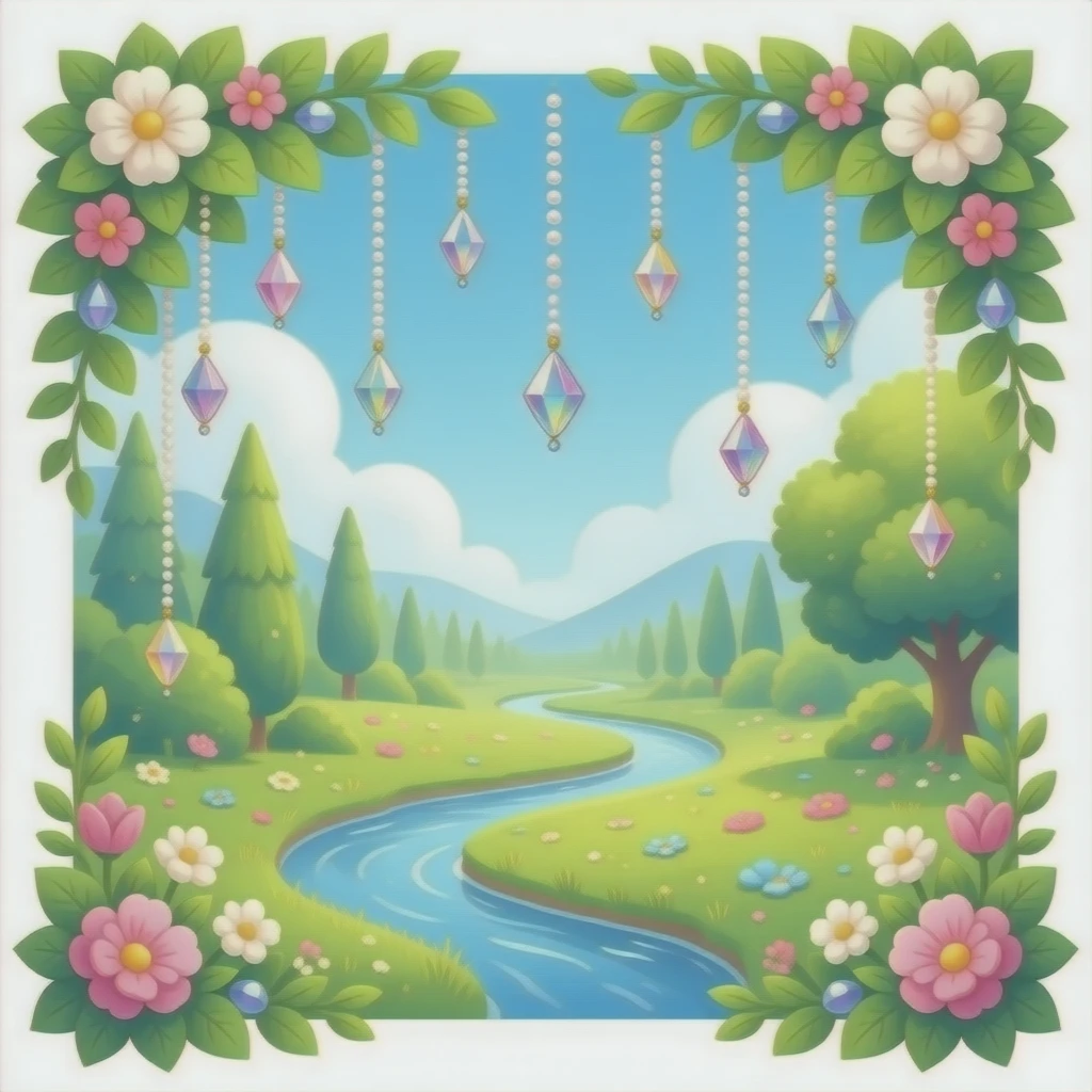 Exotic romantic Few cute tiny Iridescent glistening glossy sparkly shiny glittery hanging crystals pearls and beads and gemstones scenery scenic decorations with ivy and flowers emoji