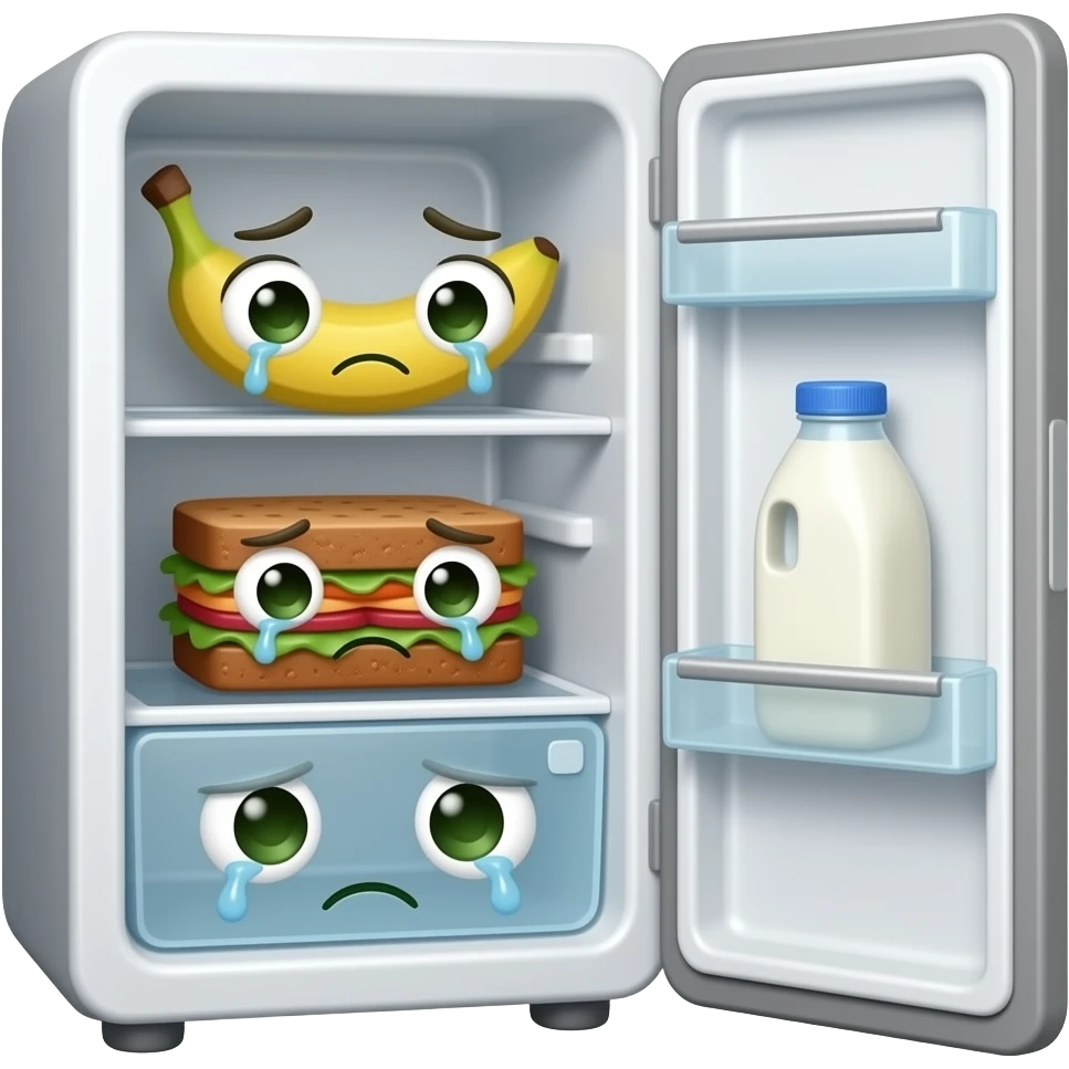 refridgerator with brown banana apple sandwich not happy sad green smells crying cute smelly face milk dirty emoji