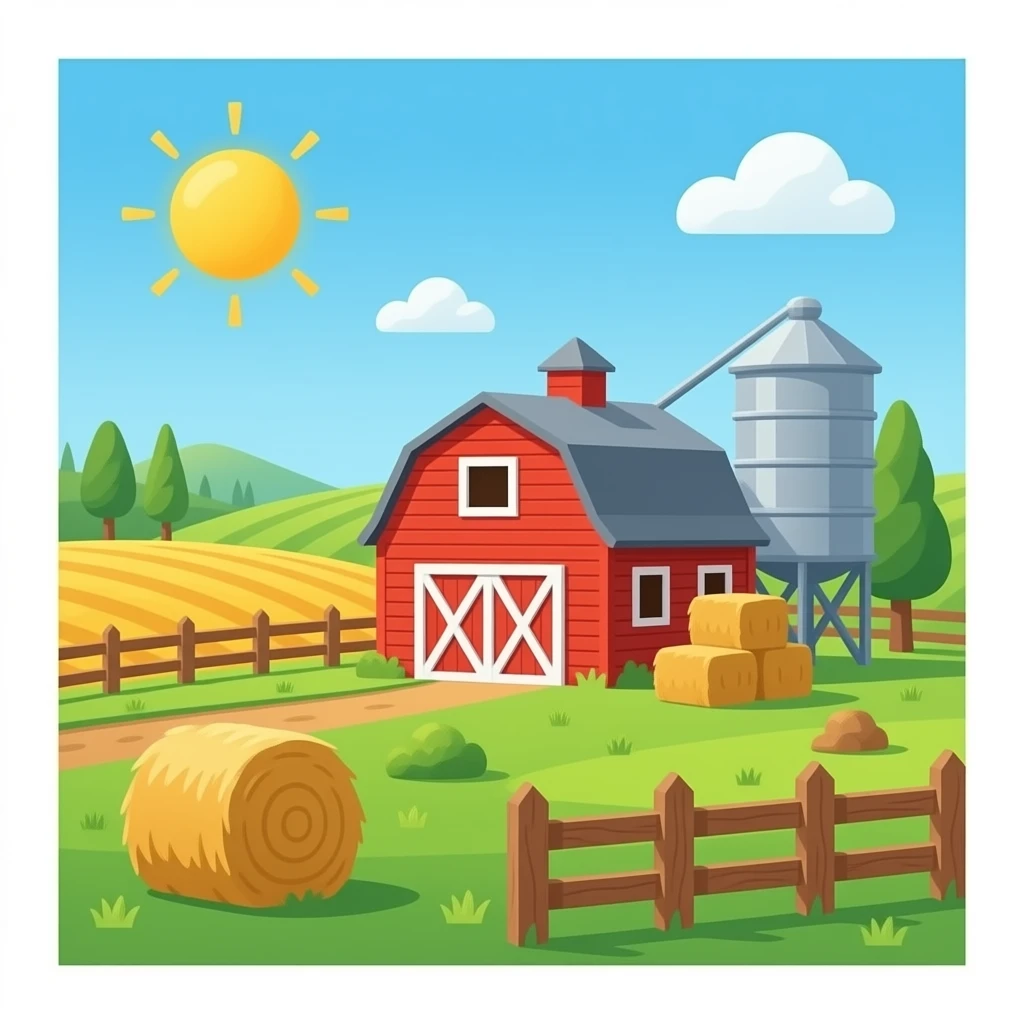 2d cartoon farm with a barn background no animals emoji