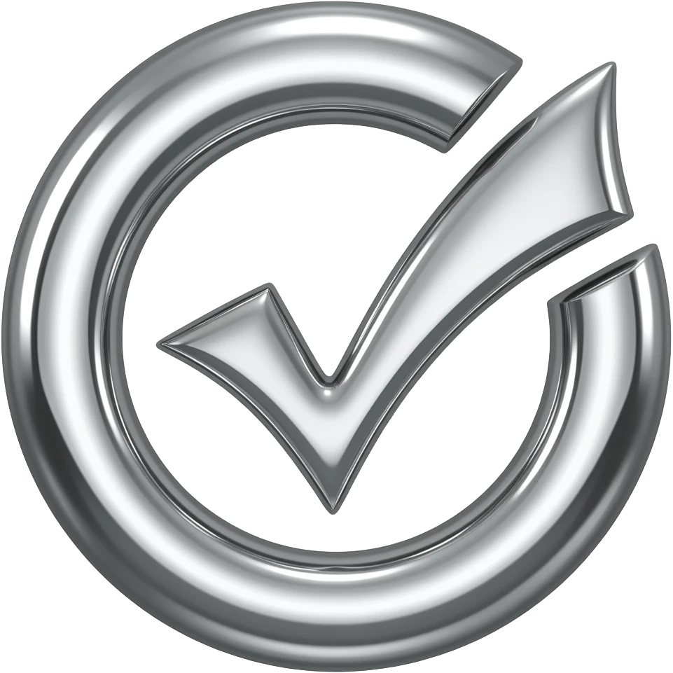 circular ring icon, broken circle shape, liquid chrome metallic material, 
flowing silver reflections, fluid silk texture, checkmark subtly integrated, 
monochrome black white silver, dramatic studio lighting, white background, 
3D render, 512x512, no text, ultra sharp emoji