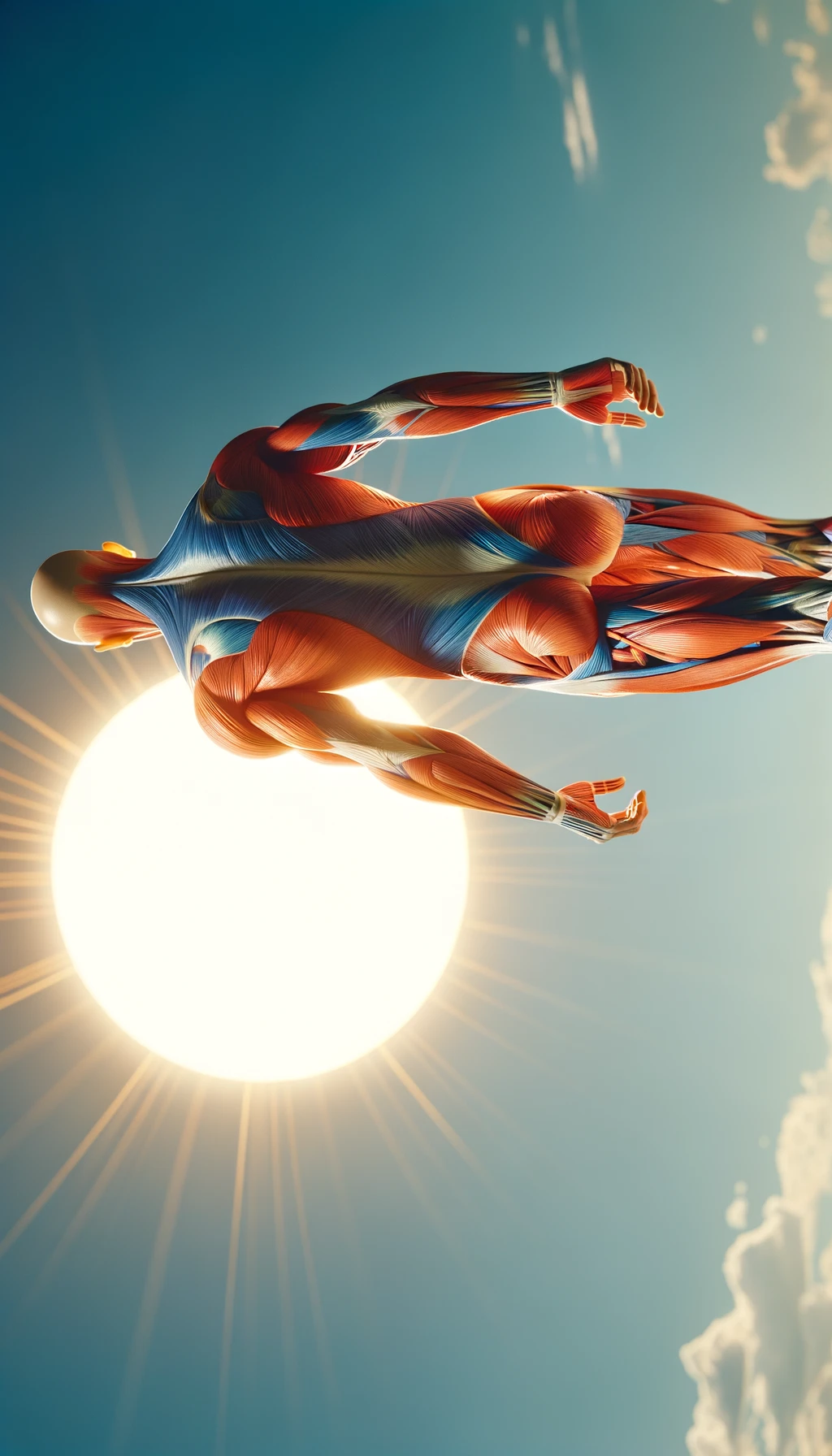 CORPO UMANO ANATOMICO IN PIEDI CHE CAMMINA DI FRONTE AL SOLE ESTIVO, COLORI REALISTICI DEI MUSCOLI, SFONDO CHIARO DEL CIELO, iperrealistico 4k emoji