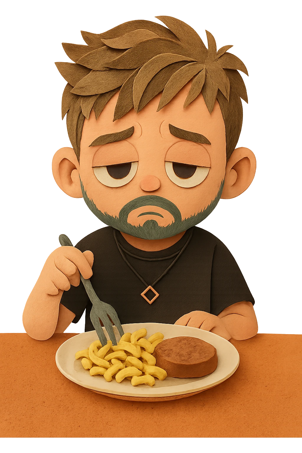 A stylized 3D child version of the person in the reference photo, around 6 years old, is sitting at a table. He looks bored, staring at a plate of macaroni and a meat patty, absentmindedly poking the macaroni with a fork. Keep the pose relaxed and the expression subtly disinterested. The style should be semi-realistic 3D, soft lighting, clean detail emoji