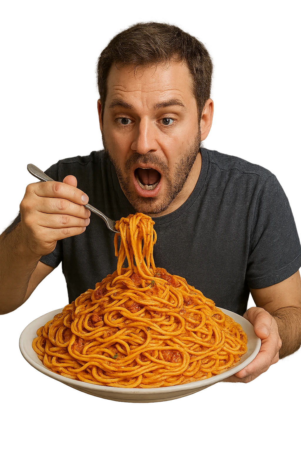 uomo che mangia un piattone immenso di pasta in 3d realistica emoji