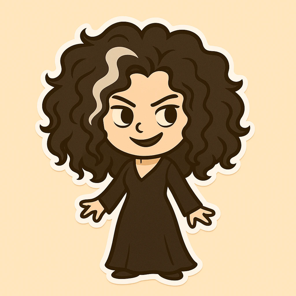 Add a highlighted white streak in the black, voluminous, messy, curly hair of Belatrix, keeping the chibi sticker style, wearing a long black dress, with a mischievous expression, and a light beige background. emoji