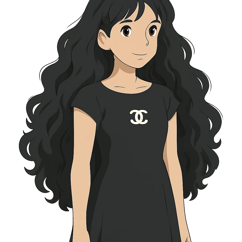 light skin girl with black very long curly hair, brown eyes, wearing a black Chanel dress, in ghibli style emoji