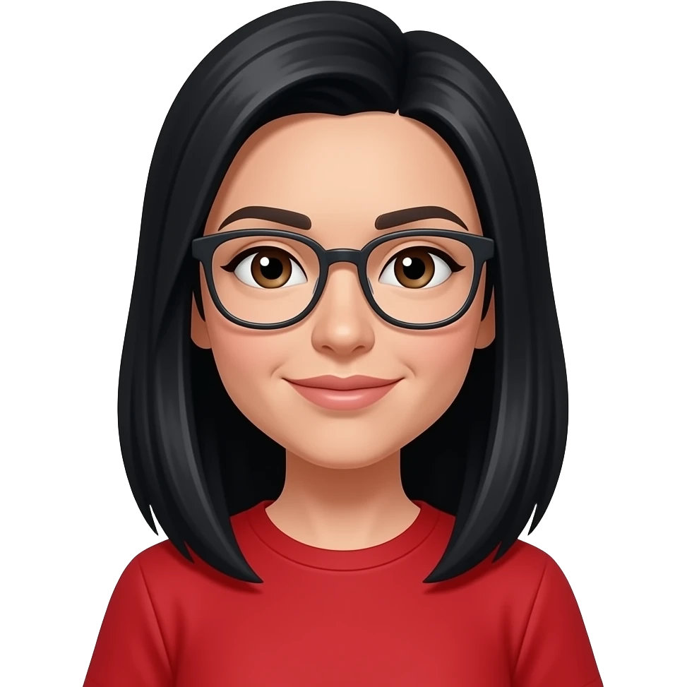 cjeuveux juste en dessous des epaules+ brune + visage long +cheuveux noir+ lunettes stp+ tshirt rouge emoji