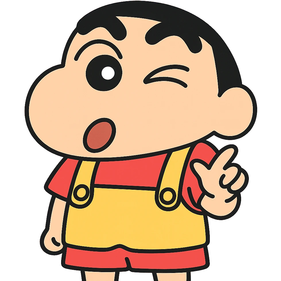 Shinchan cartoon style emoji sticker, winking expression, iconic black hair, red shorts, yellow overalls, simple solid or gradient background, 500x500px, transparent PNG, optional brief text description emoji