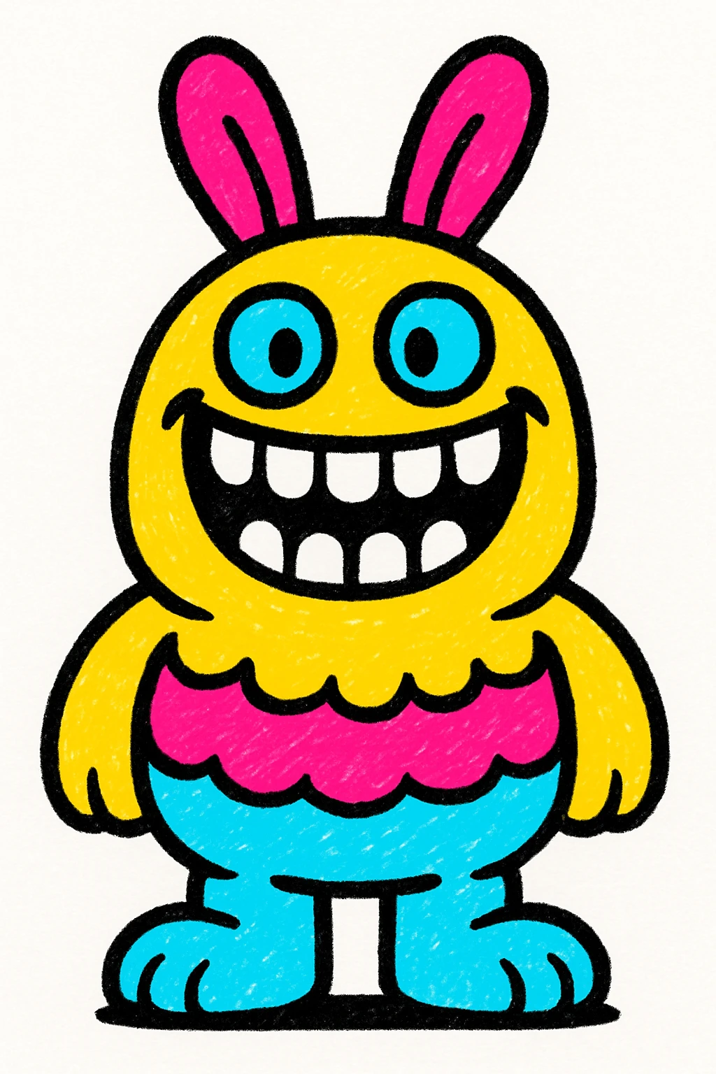 colorful monster creature with nine visible teeth, smile, rabbit ears emoji