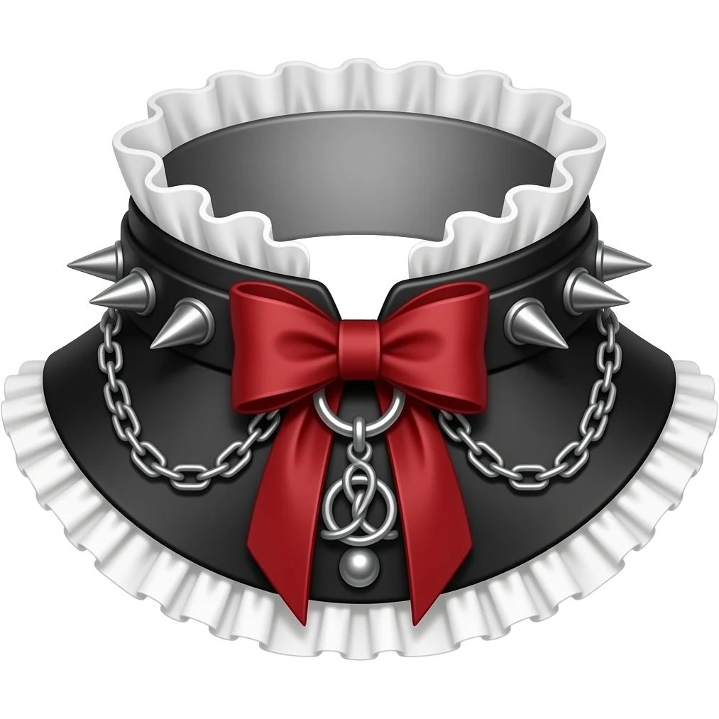 Black gothic Lolita-styled choker collar with red bow ties, silver spikes, silver chains, white frills emoji