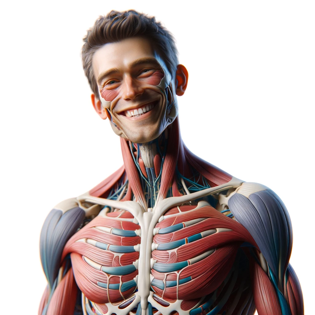 corpo umano anatomico a figura intera che sorride rilassato, iperrealistico 4k, isolato su sfondo bianco emoji