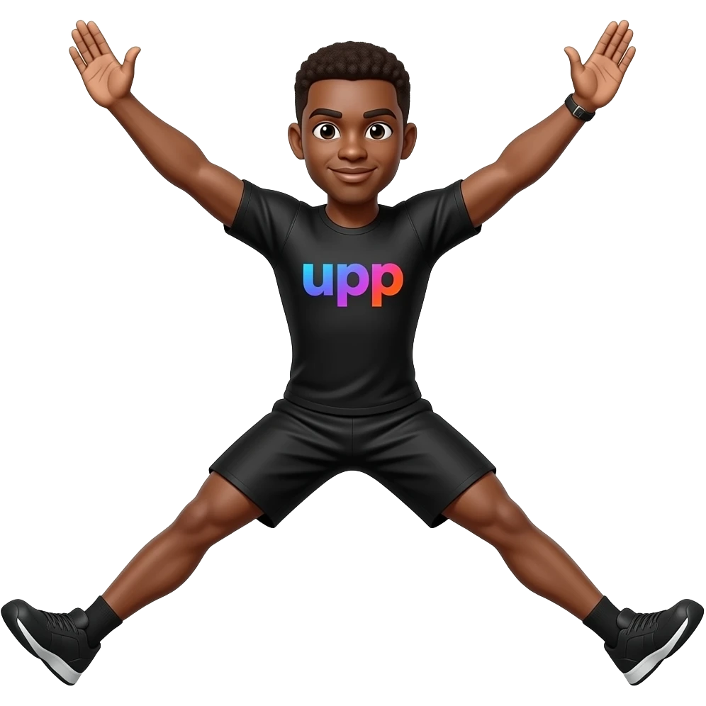 guy-wearing-all-black-workout-top-and-blakc-shorts-doing-jumping-jack-arms-up-and-out-legs-up-and-out-as-if-her-opposing-arms-and-legs-are-in-line-like-an-x-with-_upp_-written-in-middle-of-his-shirt in blue purple red gradient emoji