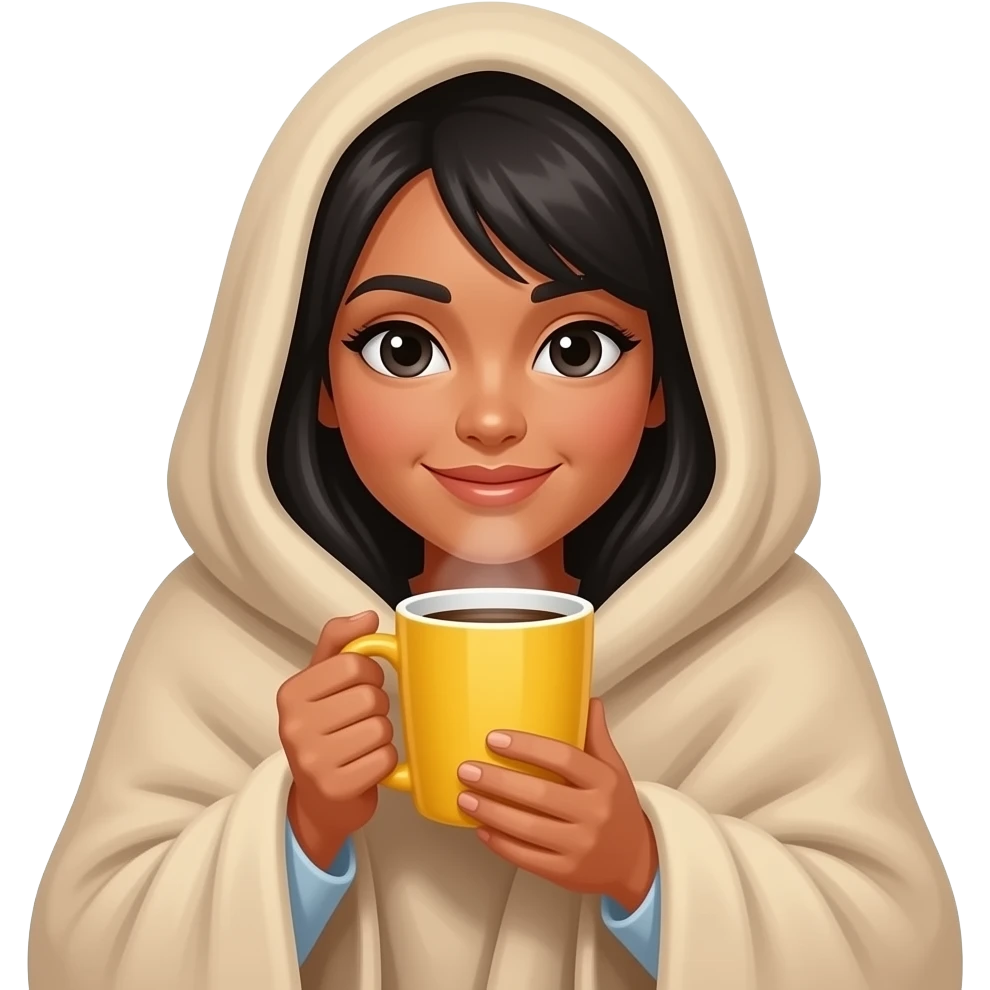 A white woman with black hair, with a large beige blanket, drinking coffee in a yellow mug, very cozy, iPhone emoji style emoji
