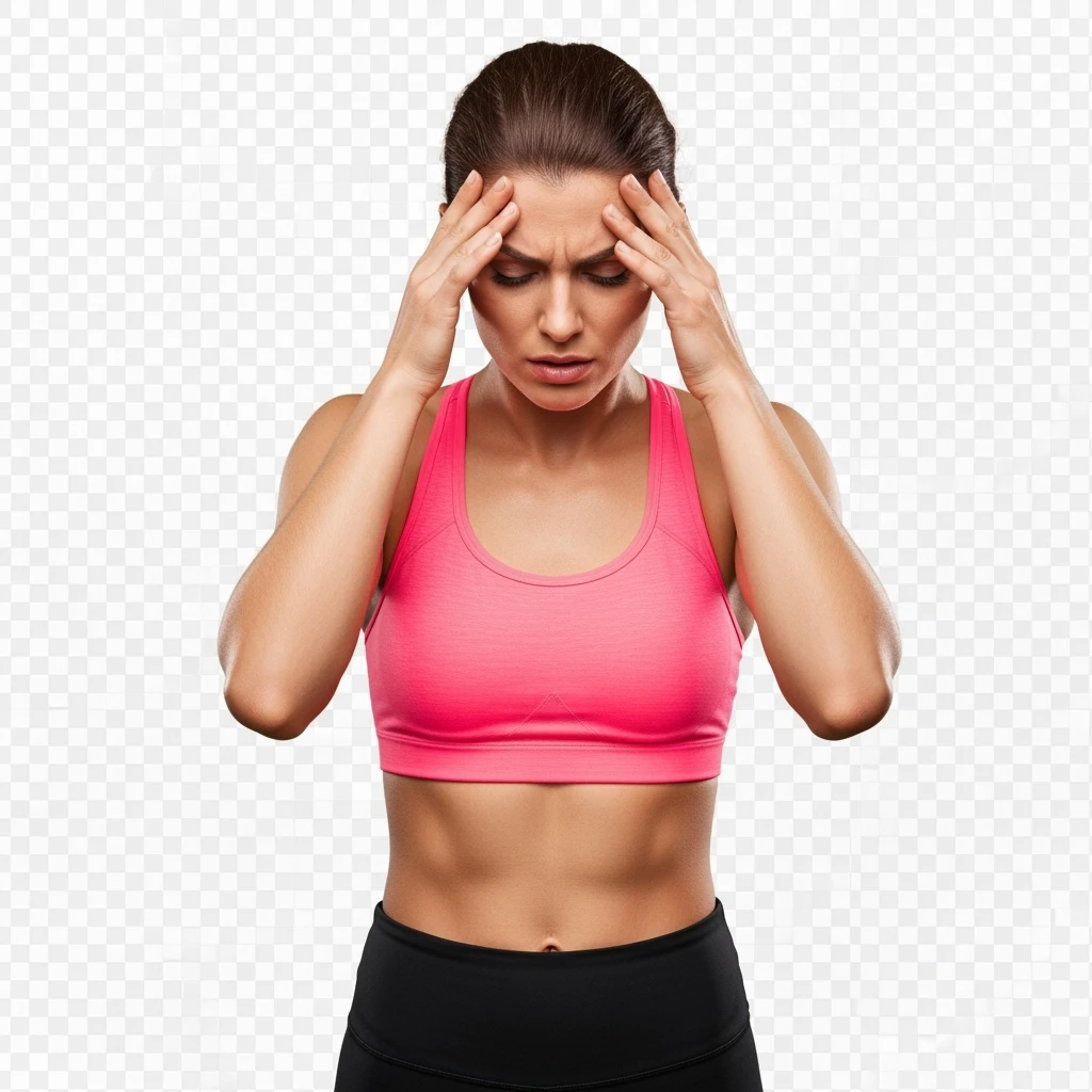 DONNA FITNESS STRESSATA CHE SI TIENE LE MANI SULLA FRONTE, IPERREALISTICA 4K, SENZA SFONDO emoji