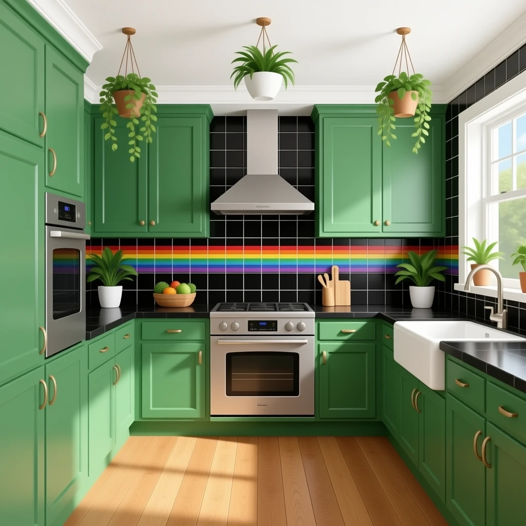 fancy kitchen with black wall tiles with rainbow tile lines, kelly Green cabinets, black countertops, wood floors and decorative plants on the ceiling emoji