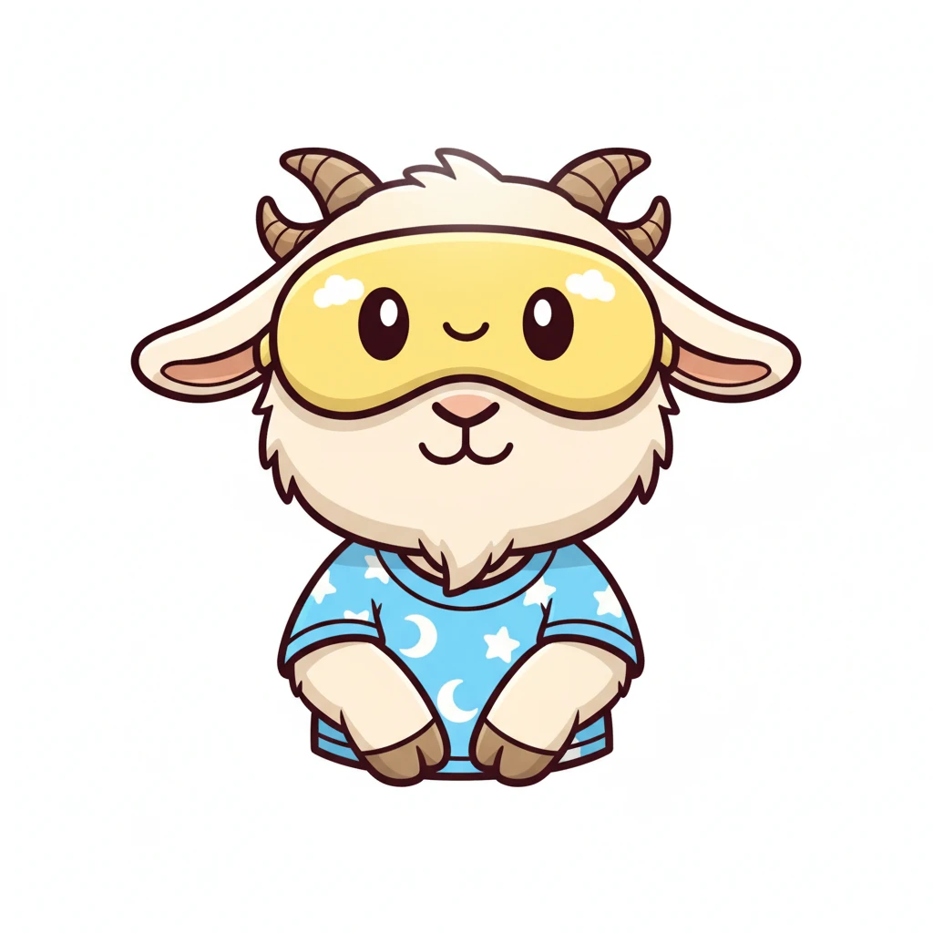 a goat with yellow sleep mask and wearing shirt, front view,  Frontal Top-Down Soft Light, white background, portrait, casual cartoon stylized game mobile emoji