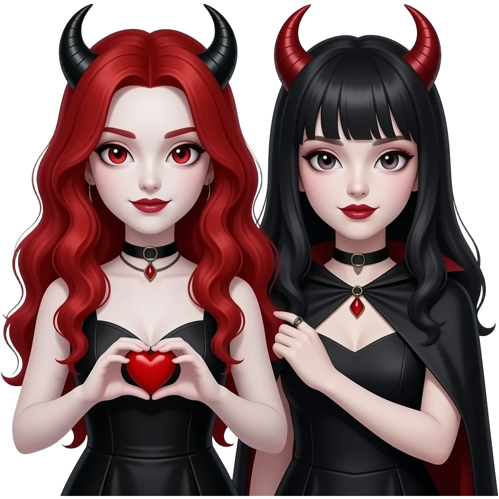 Vampiro femmina adolescente con capelli lunghi rosso fuoco ondulati con pelle bianca che indossa in vestito nero e sta facendo insieme alla sua amicail cuore con le mani con la sua amica vampiro FEMMINA emoji