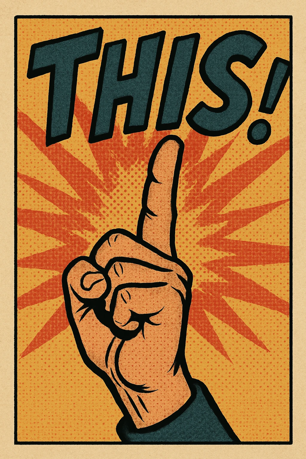 hand pointing up with the word THIS, energetic and expressive, comic style emoji