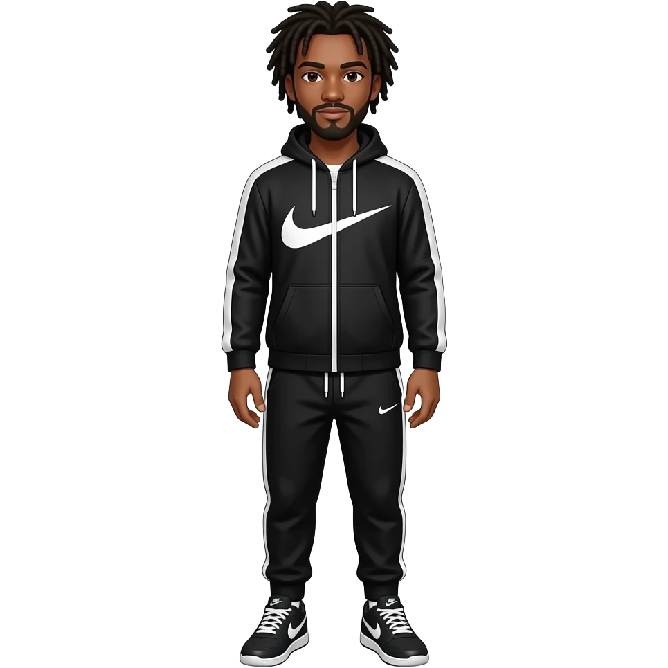 A tall black teenager boy with dreads and mustache whole body with black and white Nike tech cloths and Nike shoes emoji