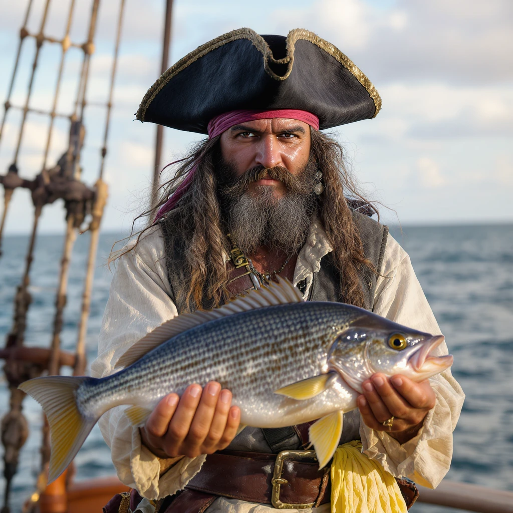 realistic pirate with a weathered face, holding a large fish, natural colors, high detail emoji