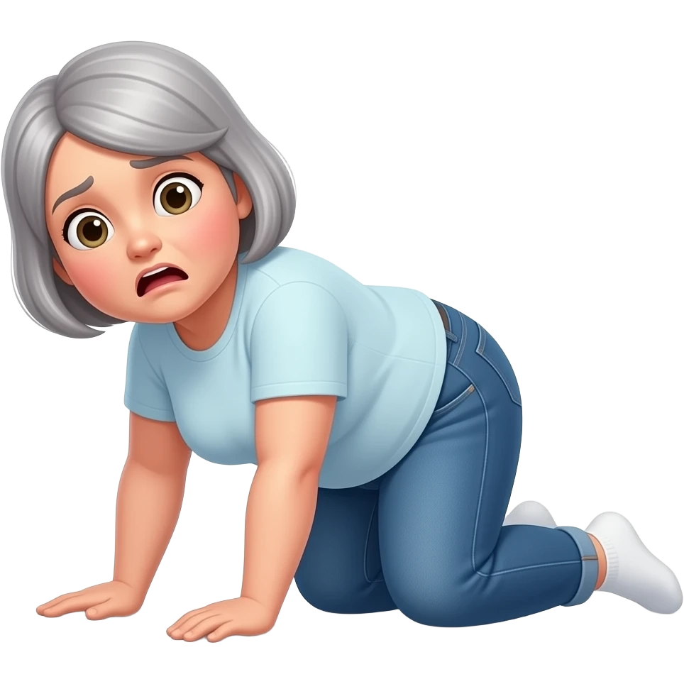 The whole body of a slightly overweight elderly woman with slightly gray short hair wearing jeans and a t-shirt and socks with the look of painful surprise who fell to the floor on her left side emoji