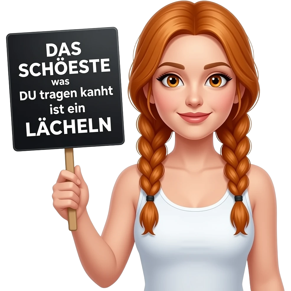 sexy girl with long ginger braids and ginger eyes wearing a white tanktop is holding a black sign with DAS SCHÖNSTE was DU tragen kannst ist ein LÄCHELN written on it emoji