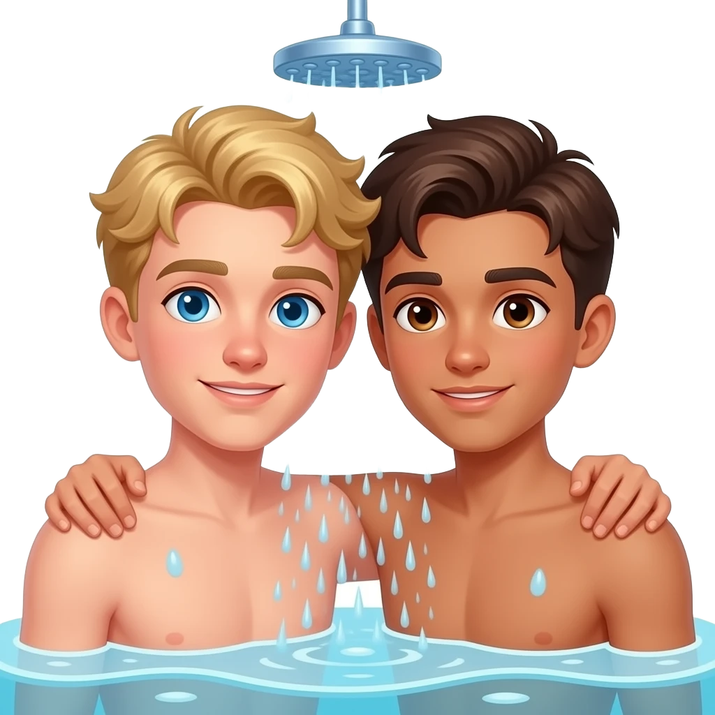 Make a young gay teen couple on a Date , one has light Skin with Blond Hair and Blue Eyes, the other one has slightly brown skin witz dark Brown Hair and Brown Eyes. They are together in the shower. emoji
