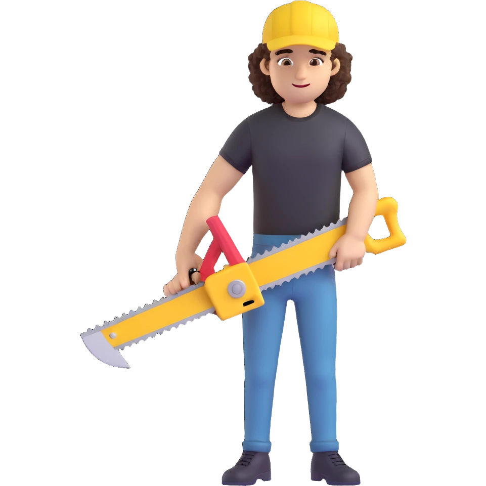 create a character with a saw, cute guy, curly, in a black t-shirt and a yellow cap, in 3d emoji