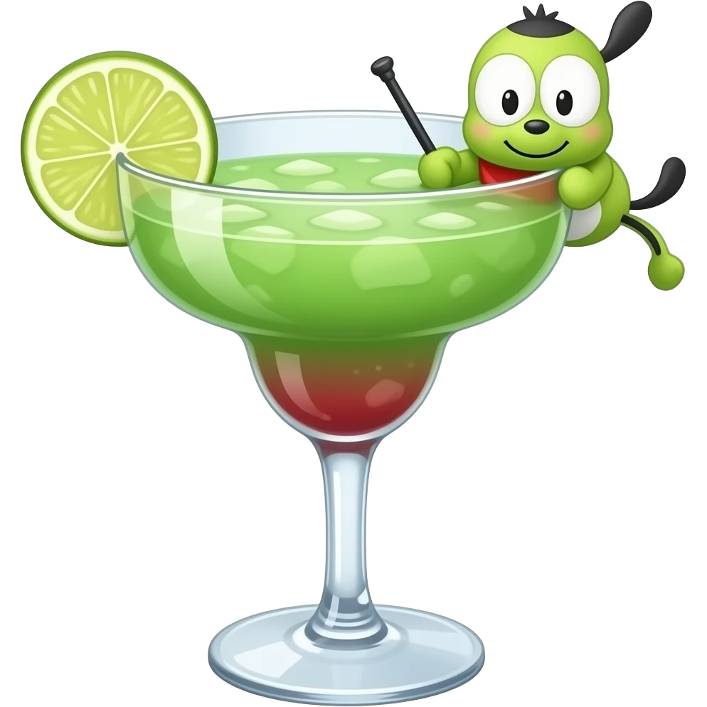 keroppi the sanrio character themed green and little bit of red colored cocktail in margarita glass with actual illustration of keroppi as a garnish emoji