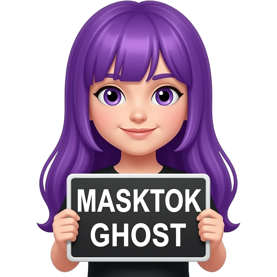 girl with long purple hair with a MASKTOK GHOST sign emoji