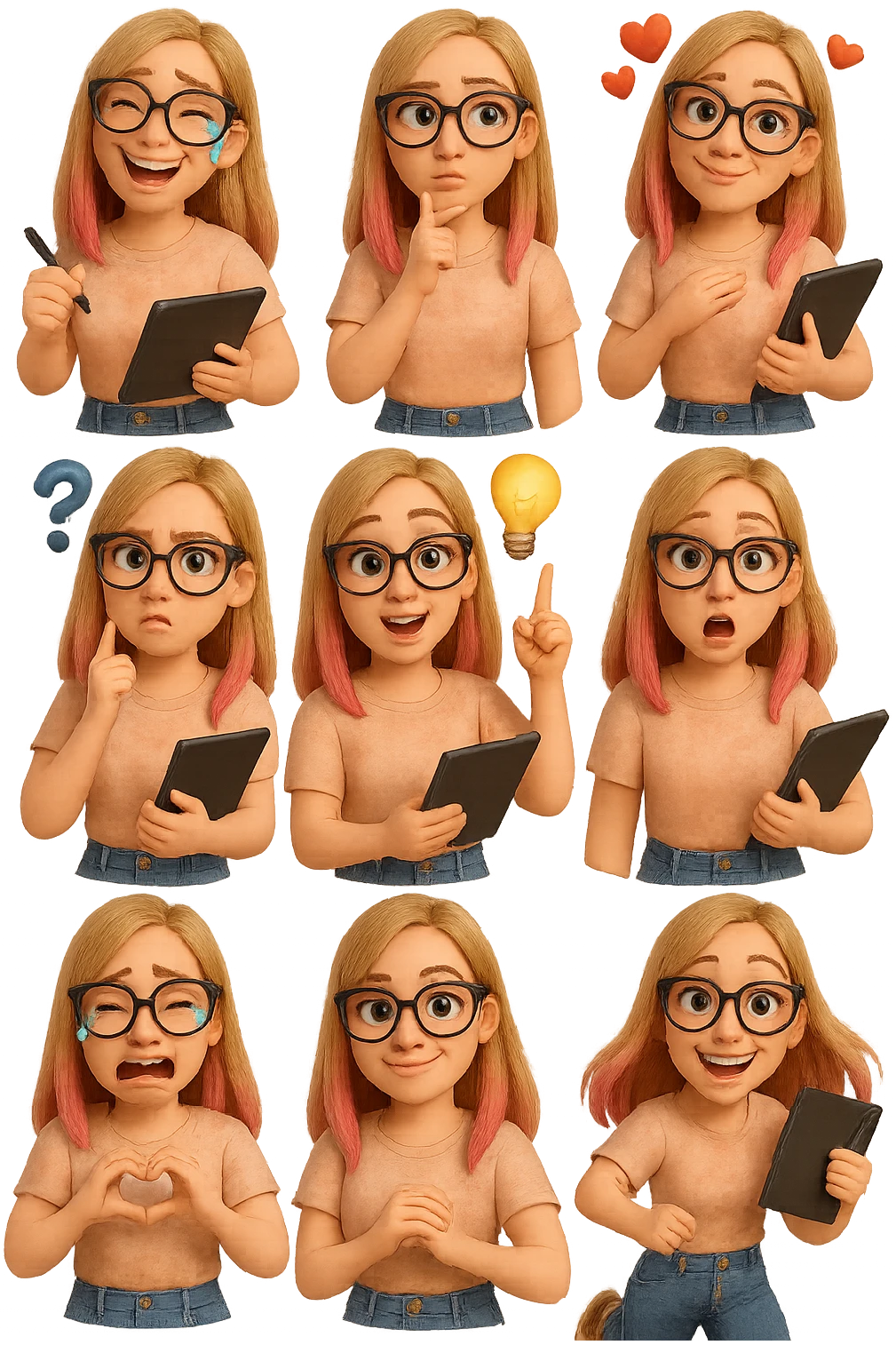 «Создай набор из 12 наклеек в стиле 3D cartoon  женского персонажа (30 лет выглядит моложе)  с прямыми светло русыми волосами до лопаток, яркие розовые пряди в волосах), светлой кожей, большими выразительными голубыми глазами, черные очки для зрения формы кошачий глаз, нос чуть с горбинкой.
Персонаж должен носить пастельную розово-бежевую тай дай футболку, голубые джинсы фасона мом, персонаж должен иметь разные выражения: смех до слез, задумчивость, влюбленность (с сердцами вокруг головы), злость с паром из носа, растерянность (со знаком вопроса), наличие идеи (с зажженной лампочкой), плач со слезами из глаз, удивление с открытым ртом, улыбка и  подмигивание, знак мира рукой, создание сердца руками, бегство со всех ног. Размер картинки не ограниченный, чтобы все наклейки вместились без обрезки. Стиль мультяшный  DreamWorks, мягкий свет, прозрачный фон, и добавь персонажу в руки графический планшет следи чтобы выглядело органично, красиво, не нарушая законы природы и физики, можешь добавить в другую руку перо от графического планшета, если это будет позволять смысл стикера» emoji